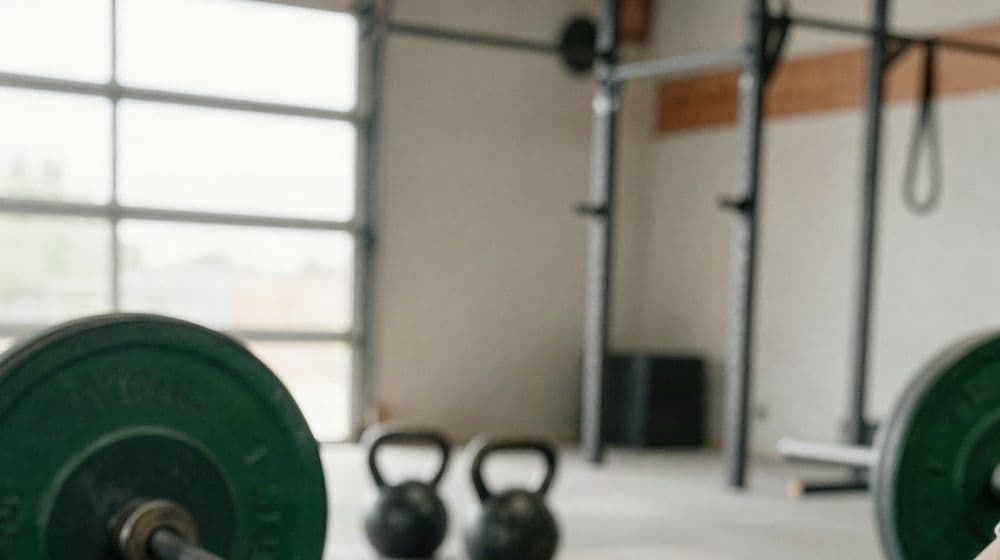 Barra con discos y kettlebells en un box con luz de día