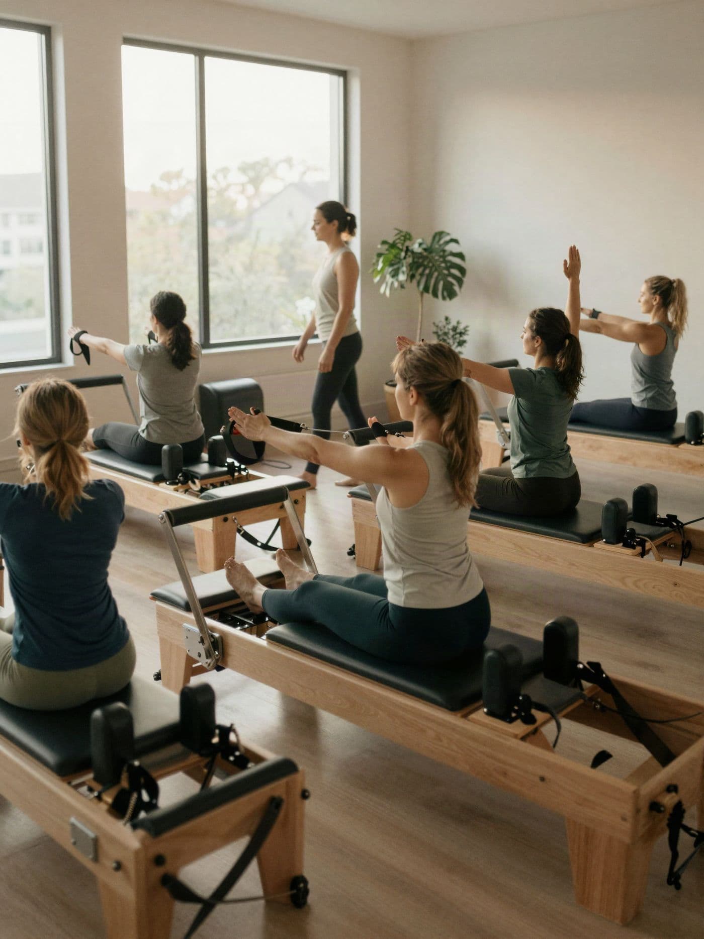 Clase de pilates reformer con luz de la mañana; la instructora recorre la sala