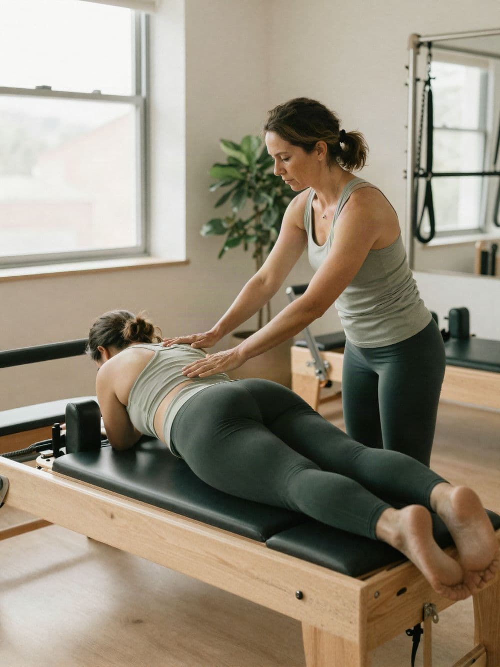 Una instructora corrige la postura de una alumna en el reformer