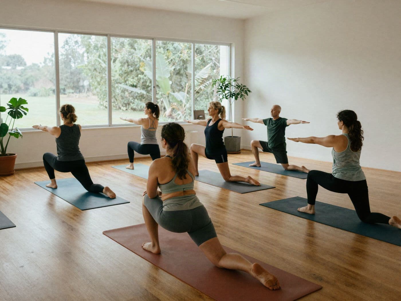 Clase de yoga con personas de distintas edades junto a un ventanal